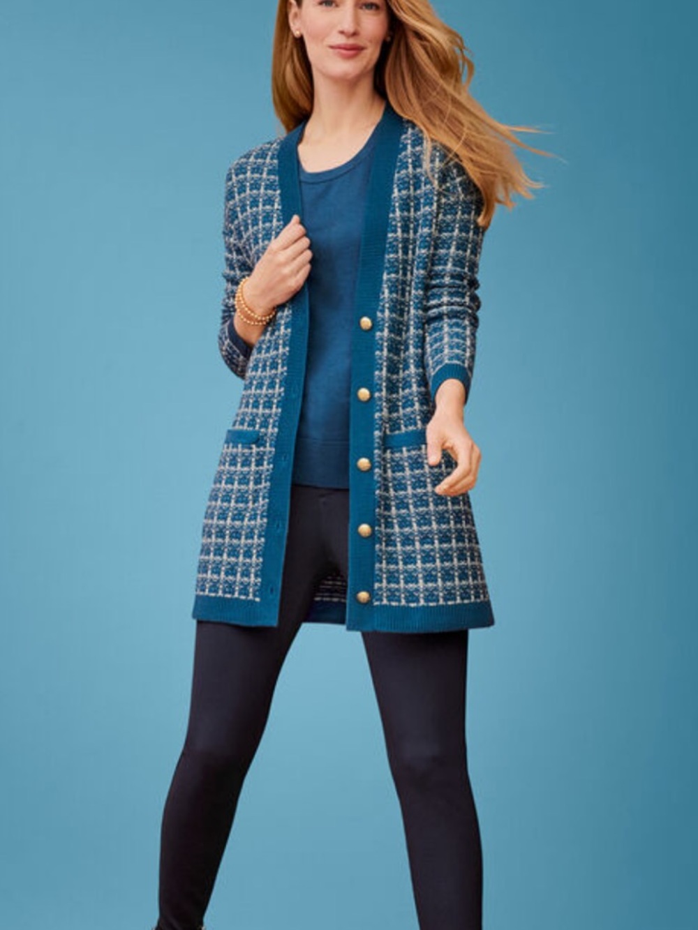 Talbots Merino Wool Long V-Neck Cardigan Textured Teal Plaid Large Academia